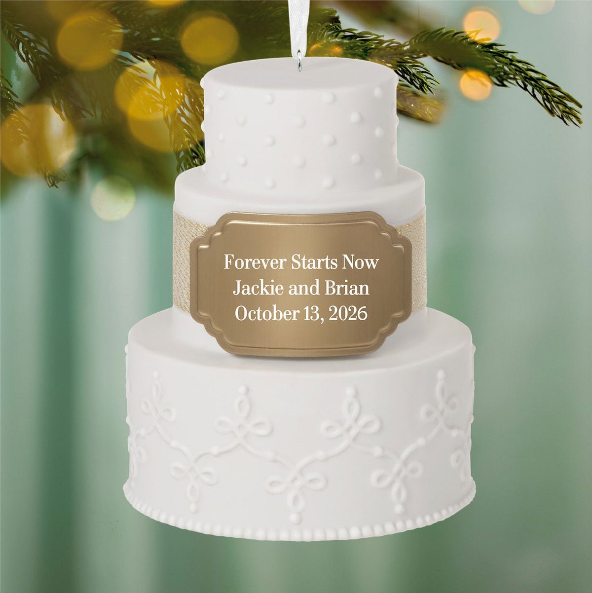 Wedding Cake Ceramic Personalized Ornament, Custom Text