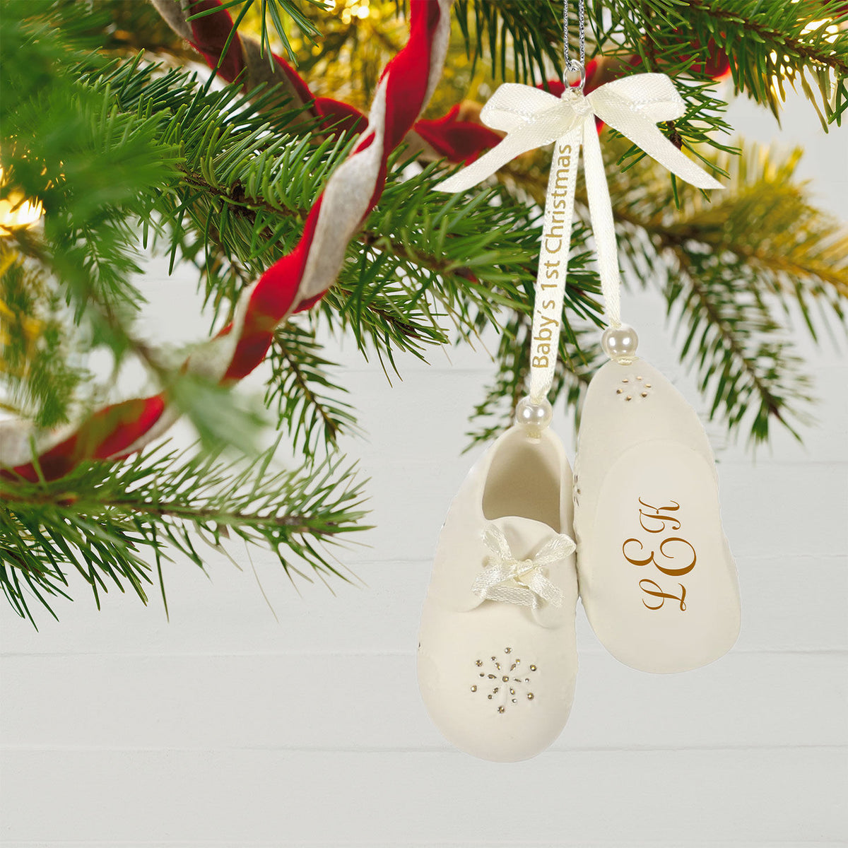 Baby’s First Christmas Monogram Booties Porcelain Personalized Ornament, Custom Text